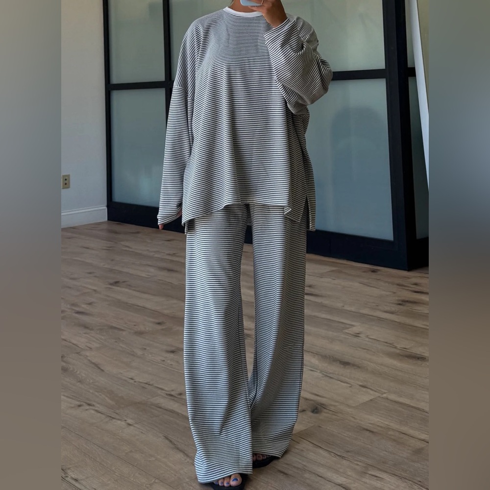 TALULAH Charcoal and White ‘Just Lounging’ Striped Set - Picture 2 of 4